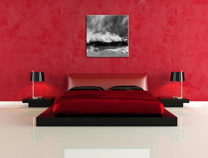 Pixxprint Tobendes Meer mit Leuchtturm Schwarz/Weiss, Format: 70x70 auf Leinwand, 70x70
