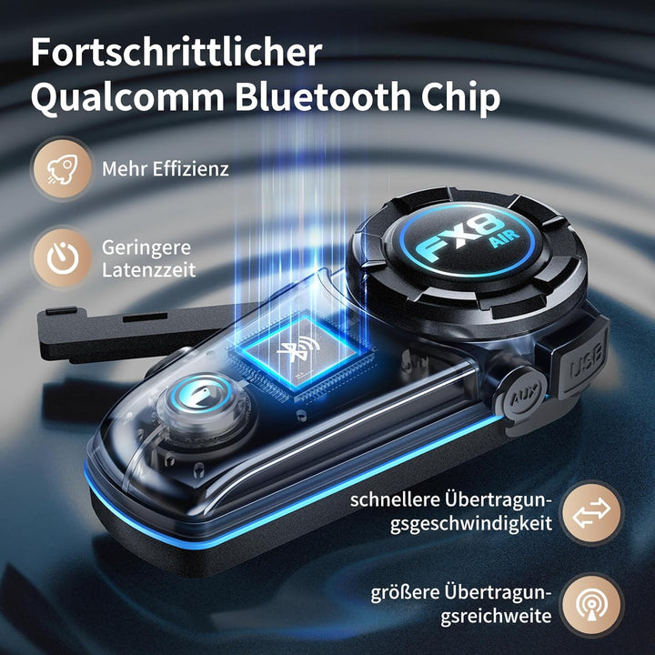 Fodsports FX8 AIR Motorrad Headset, Kommunikationssystem für bis zu 6 Motorräder mit 1500m Reichweit