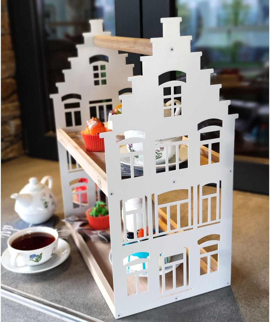 UNUS HOME Etagere Teehaus, 2 Etagen mit Griff, für Tee und Kaffee, Tablett aus Bambus Holz, Gestell