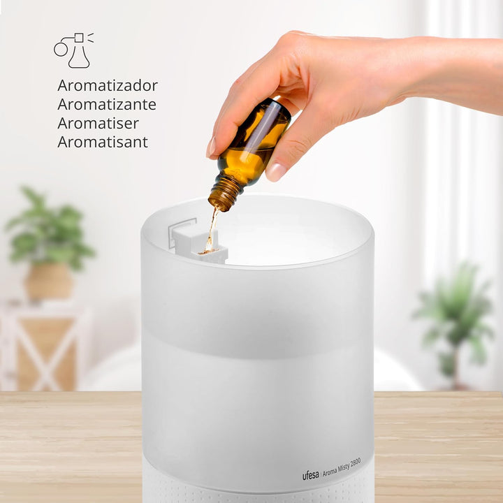 Ufesa Aroma Misty 2800 Luftbefeuchter 200ml/h, Ultra Silent, Aromatische Öle, 35m2, Digital, Timer,