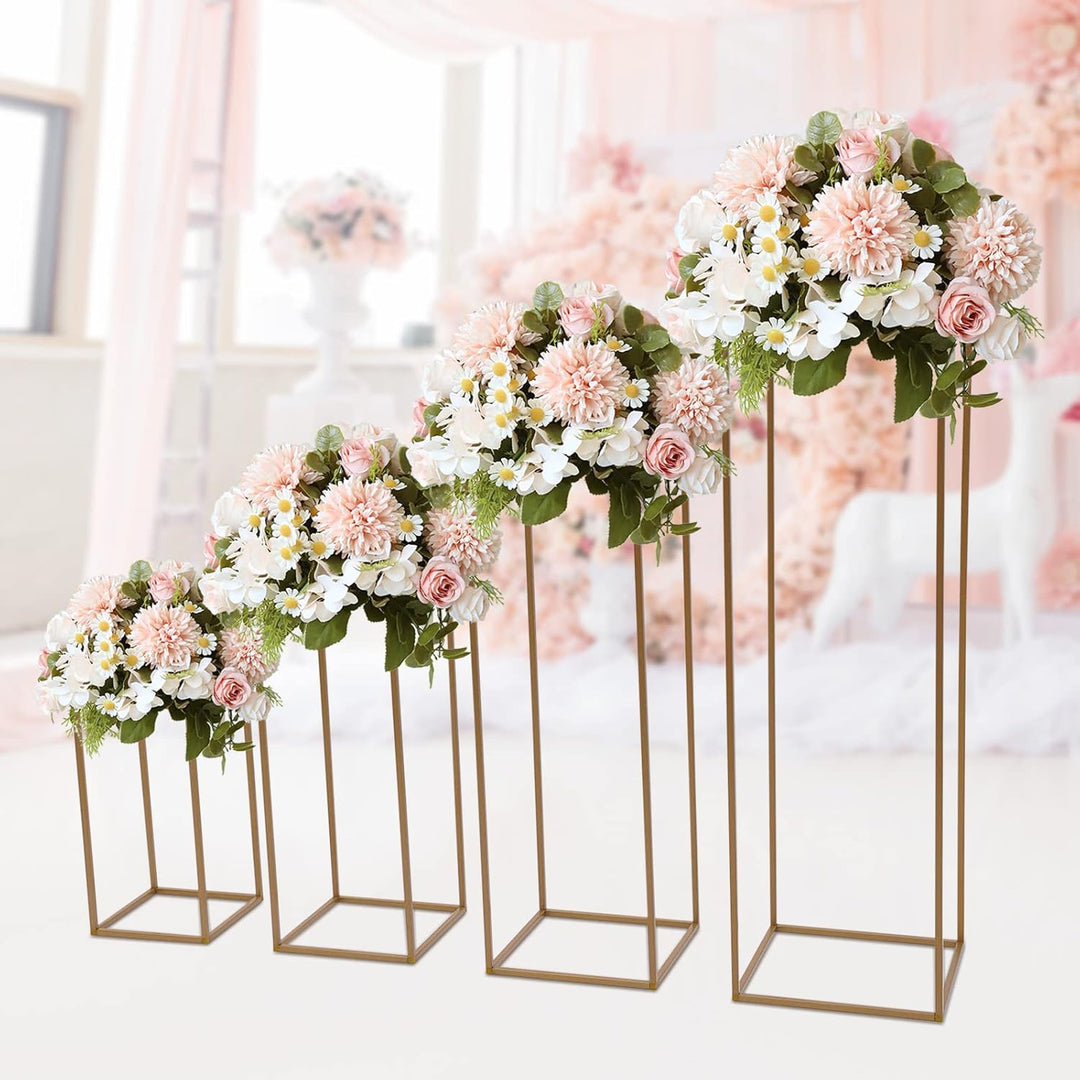 4 Stück Gold Blumenständer Metall, Hochzeitsvase Blumensäule Quadratisch, Goldvasen Säule Dekosäule