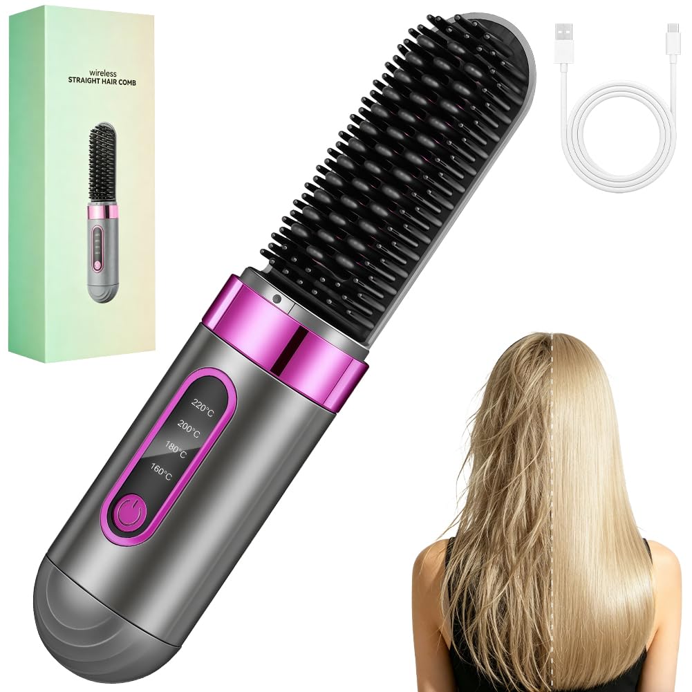 Glättbürste Kabellos, Tragbare Glättungsbürste für Haarstyling, 4 Wärmestufen, 160°C-200°C, Wiederau