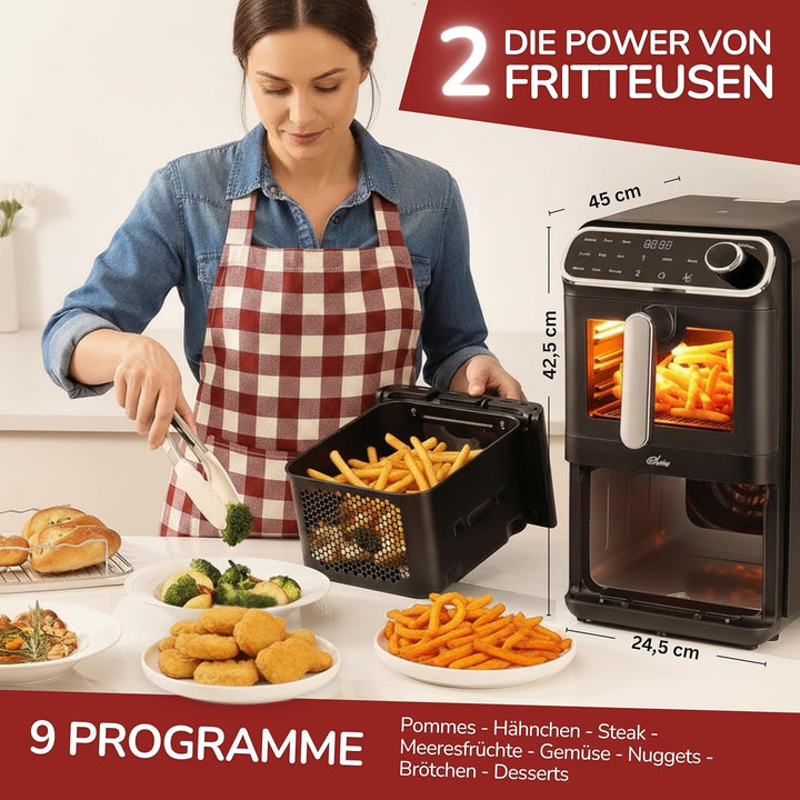 Maestro Airfryer Doppelkammer XXL Heissluftfritteuse 2 Kammern I 2460W - Heissluftfritteuse mit Glas