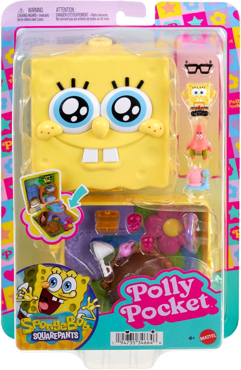 Polly Pocket x Spongebob Partnership-Schatulle, Micro-Puppen Spongebob und Patrick und Spielset, 7 Z