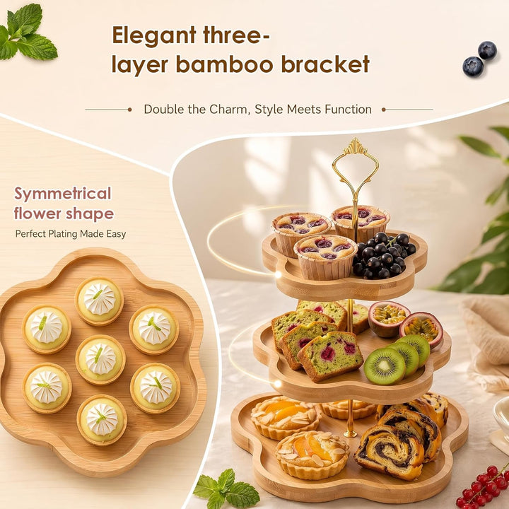 Eleganter Holz-Cupcake-Ständer mit 3 Ebenen und Blumenform-Design, Bambus-Etagere für Cupcakes, Dess