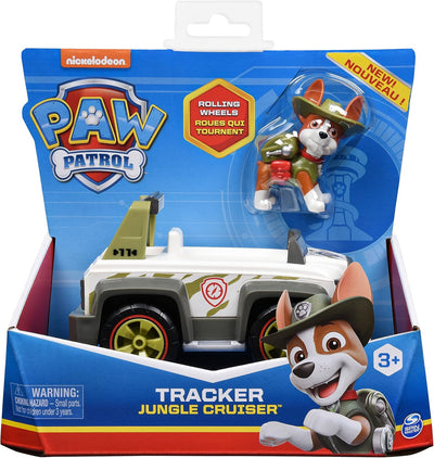 PAW PATROL, 10. Jubiläum, Dschungel-Fahrzeug mit Tracker-Figur (Basic Vehicle/Basis Fahrzeug), Spiel