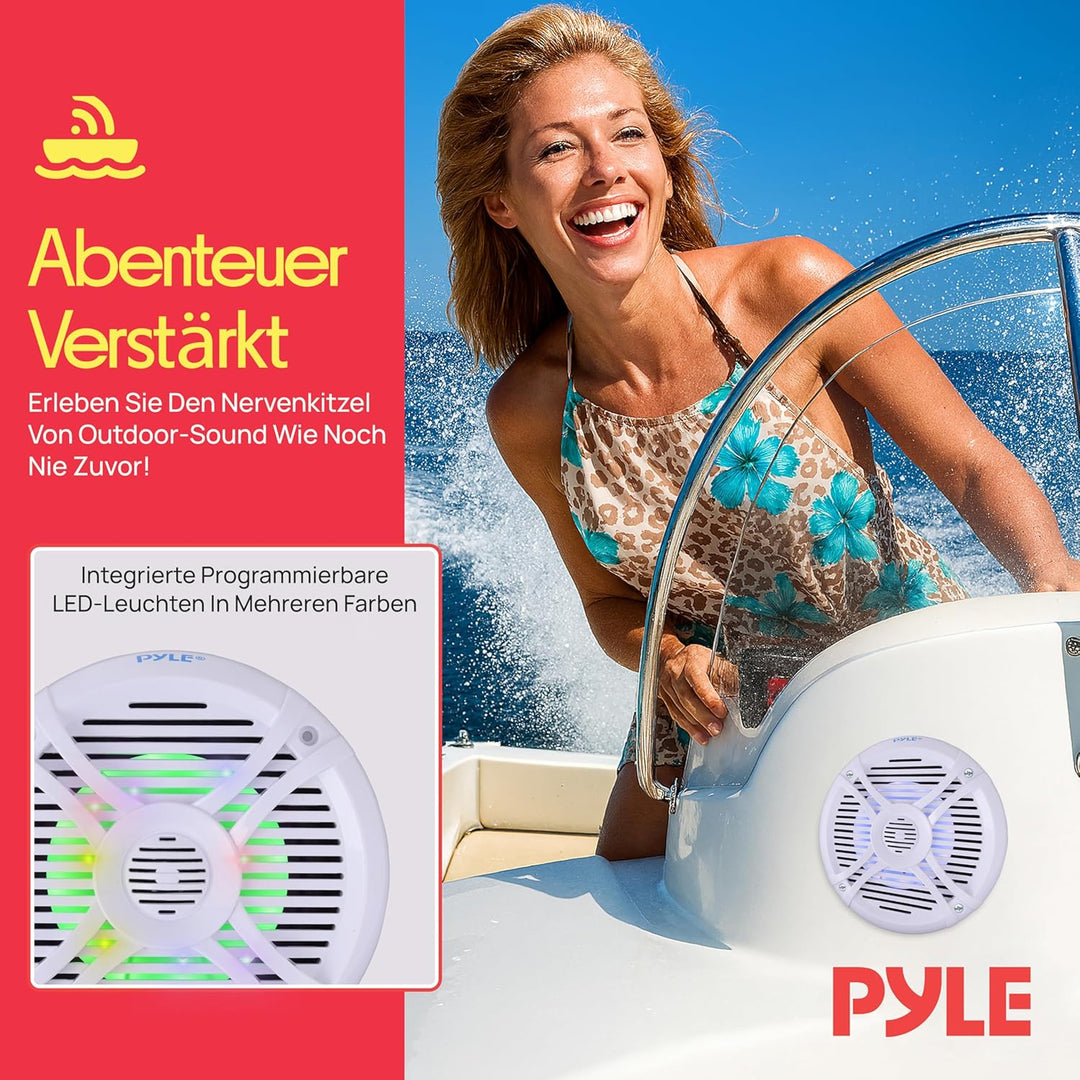 Pyle 6.5'' Waterproof Audio Marine Grade Dual Speakers with Built-in Programmable Multi-Color LED Li