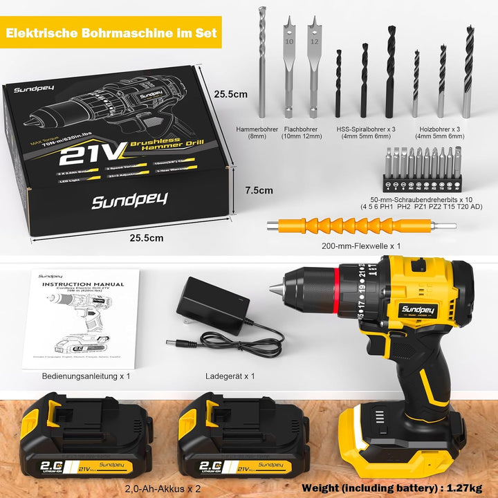 Sundpey 21V Akkuschrauber Set - Max. 70Nm Bürstenlos Akkubohrer und Schrauber mit 2 x 2.0Ah Akku, 23