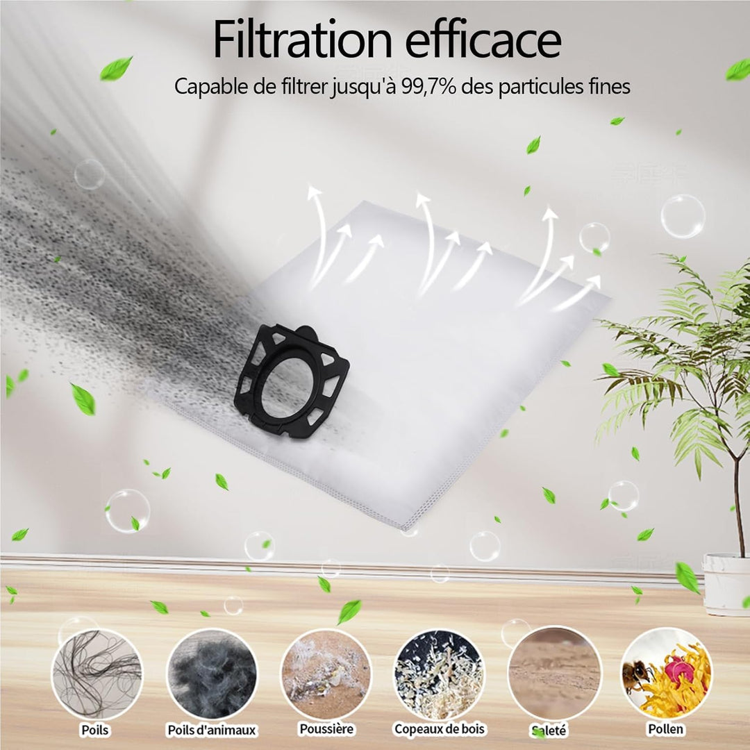 10 Kärcher Staubsaugerbeutel mit 2 Filter Ersatz für Kärcher WD4 WD5 WD6 WD5P WD6P MV4 MV5 MV6, Filt