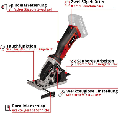 Einhell Akku-Mini-Handkreissäge TE-CS 18/89 Li-Solo Power X-Change (18 V, Li-Ion, 2500 min-1, 28 mm