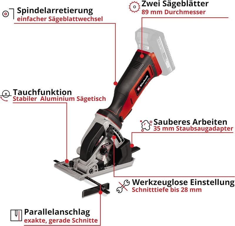 Einhell Akku-Mini-Handkreissäge TE-CS 18/89 Li-Solo Power X-Change (18 V, Li-Ion, 2500 min-1, 28 mm