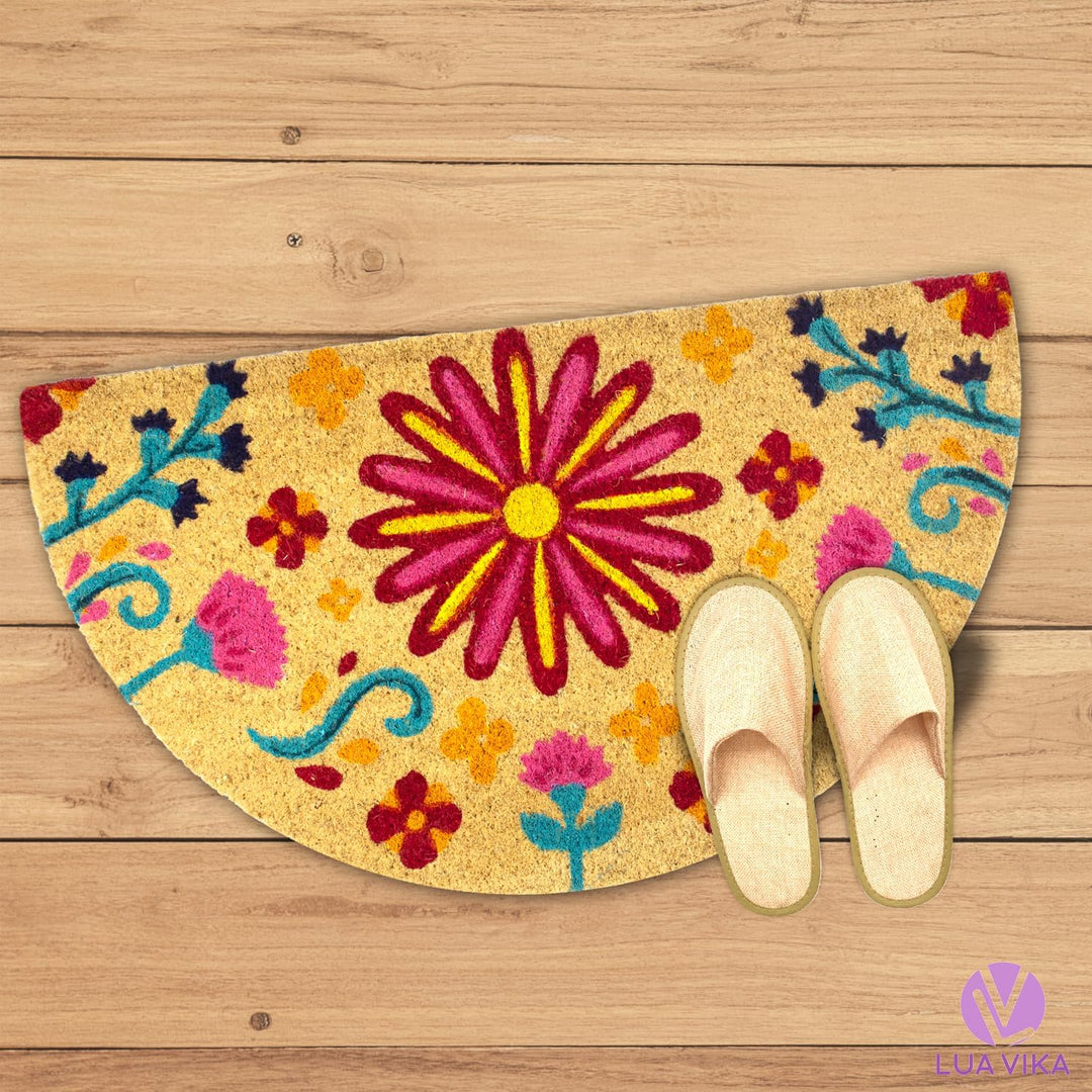 Fussmatte Kokos halbrund - Blumig - 40x70 cm - Fussmatte Aussen und Innen - Fussmatten Haustür - Tür