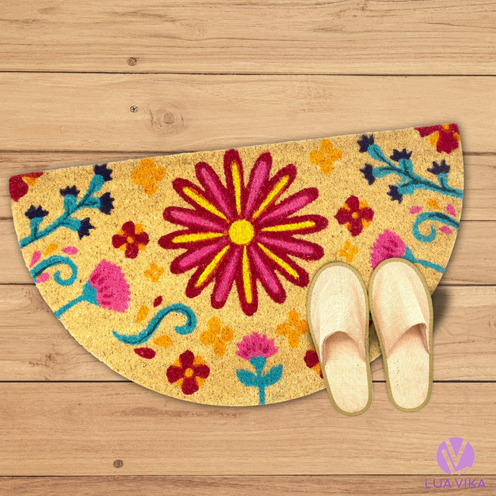 Fussmatte Kokos halbrund - Blumig - 40x70 cm - Fussmatte Aussen und Innen - Fussmatten Haustür - Tür