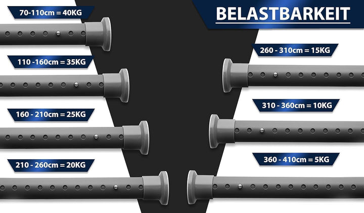 Gardinenstange ohne Bohren 360-410cm, Grau, Ø 32 mm, Teleskopstange Balkon - Vorhangstange Klemmstan