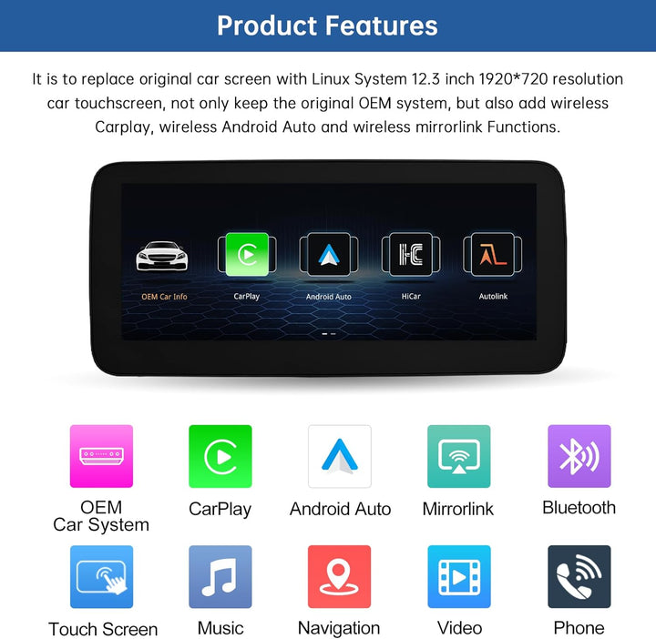 Road Top 12,3 Zoll Ultra-schmal Autoradio Drahtloses CarPlay Android Auto Touchscreen für Mercedes B