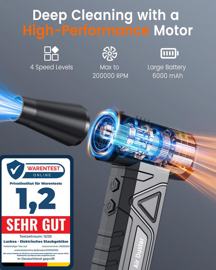 Elektrische Staubgebläse 200000 RPM - 4‑Stufen Air Duster Mini‑Gebläse mit Akku und LED‑Licht, Druck