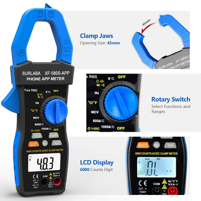 Bluetooth Strommesszange, AC DC Digital Clamp Meter 6000Count TRMS, NCV Voltmeter Amperemeter Ohmmet