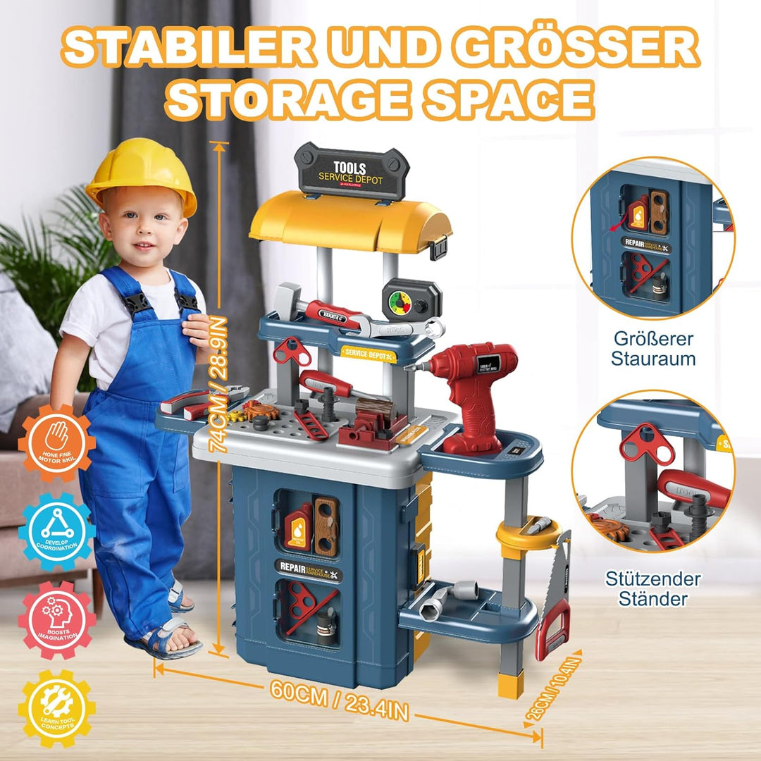 JONRRYIN Werkzeugkoffer Kinder Werkzeug, 46 Stück Werkbank Kinder Set, Werkzeug Spielzeug Set mit Bo
