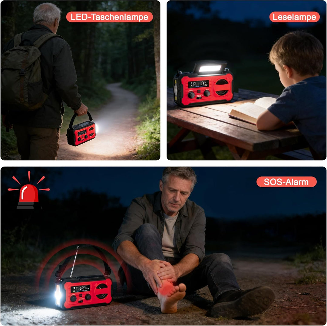 Kurbelradio, Tragbares Solarradio mit AM/FM, 8000mAh Powerbank, Notfallradio mit SOS-Alarm, LED-Tasc