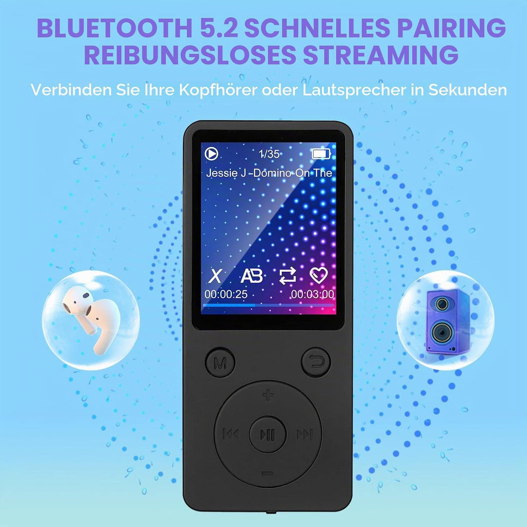 MP3 Player mit Bluetooth 5.2, 32 GB Speicherkarte, 1,8 Zoll TFT Farbbildschirm, M8 Musik-Player Spor