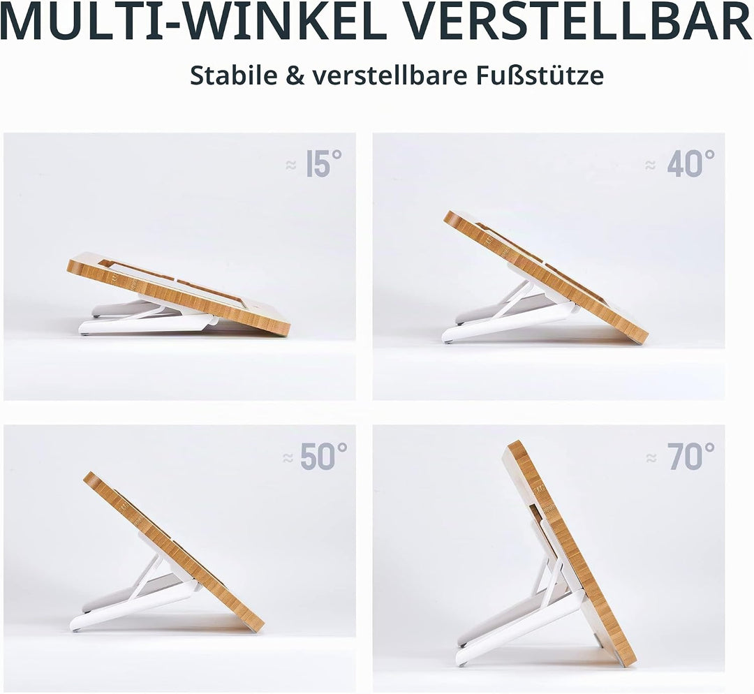 ELETIUO Verstellbarer TabletStänder mit Bleistift und Ladekabelschlitz, verbesserter BambusHolzSchre