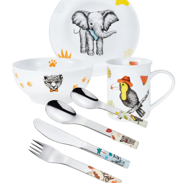 Kinderset Natura Dschungel-Tiere 7tlg. mit Gravur auf der Besteck-Rückseite (z.B. Namen) Kinderbeste