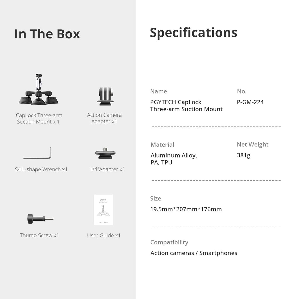 PGYTECH CapLock Dreifach-Saughalterung für DJI OSMO Action 4/3/2, Gopro Hero 12/11/10/9 mit 1/4"-20