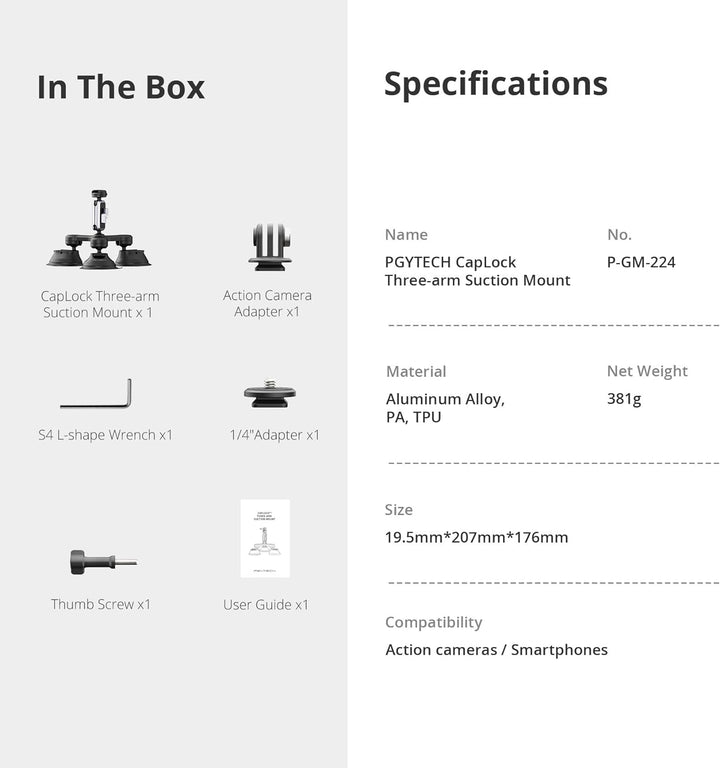 PGYTECH CapLock Dreifach-Saughalterung für DJI OSMO Action 4/3/2, Gopro Hero 12/11/10/9 mit 1/4"-20