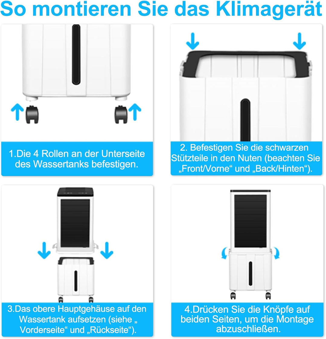 Klimagerät ohne Abluftschlauch, 14L 60W Klimaanlage Mobil mit 12H Timer, 3 Modus, 40dB, 120°Oszillat