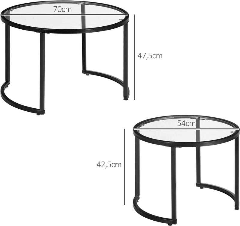 HOMCOM Couchtisch 2er-Set, Beistelltisch mit Schwarz Stahlgestell, Sofatisch, Kaffeetisch mit Tischp