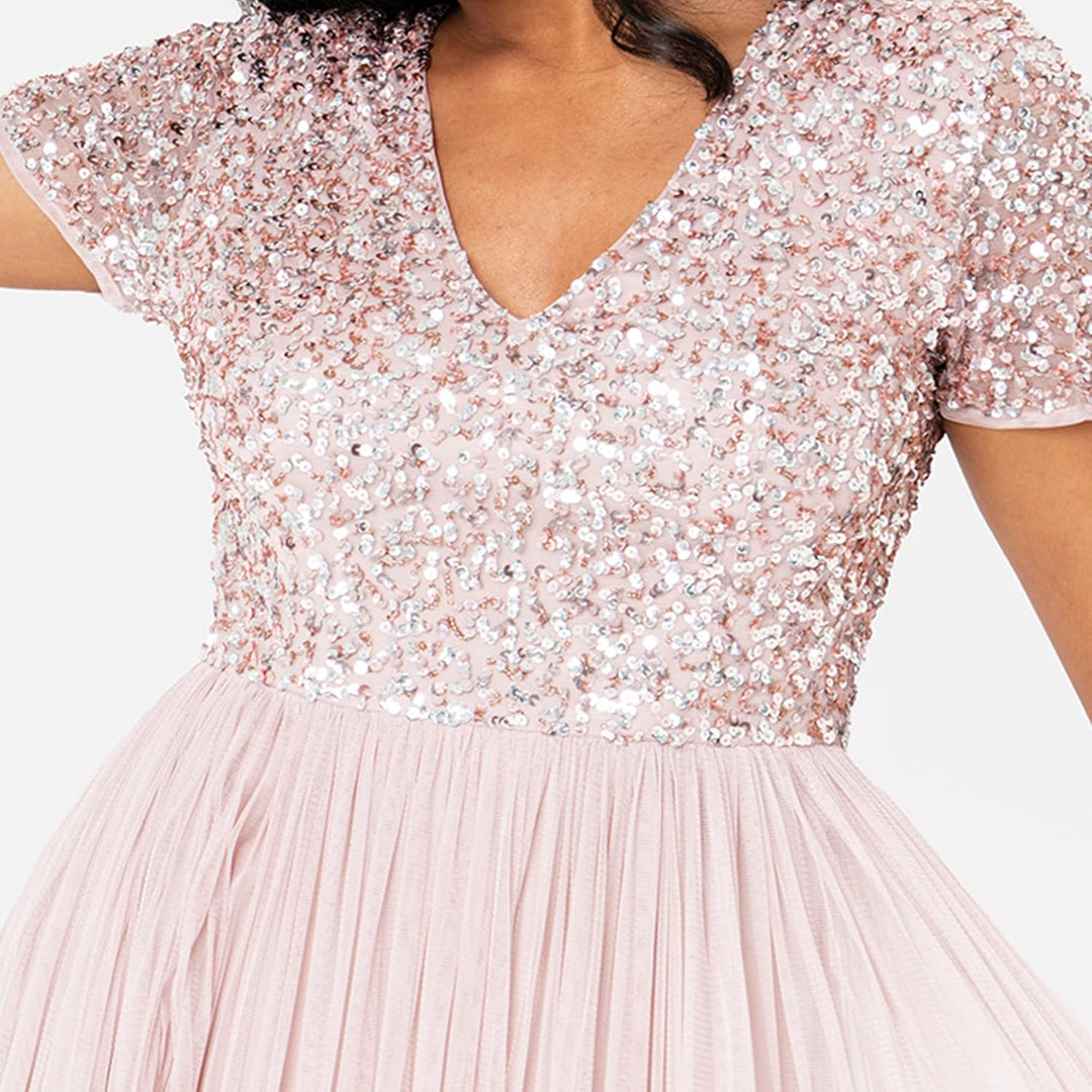 Maya Deluxe Damen Women's Maxi Dress Ladies Bridesmaid V-Neck Ball Gown Short Sleeves Long Elegant E