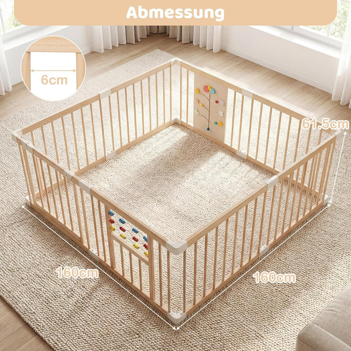 COSTWAY Baby Laufstall aus Kiefernholz, 160 x 160 cm, Laufgitter faltbar inkl. 8 Paneele, Krabbelgit