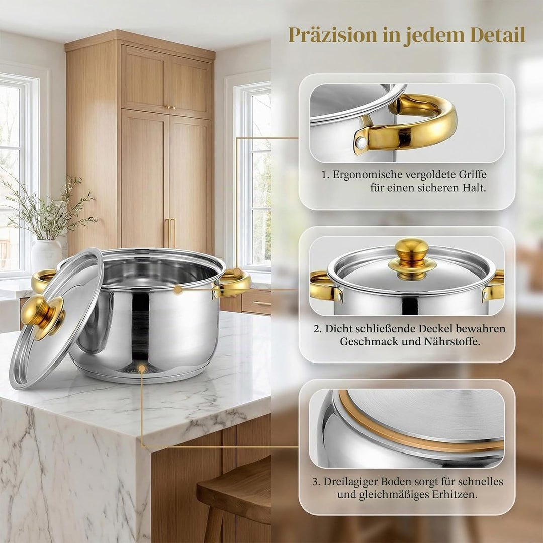 Kochtopf-Set 5-teilig, Edelstahl Topfset mit Glasdeckel und Stielkasserolle, Für Induktion und Alle