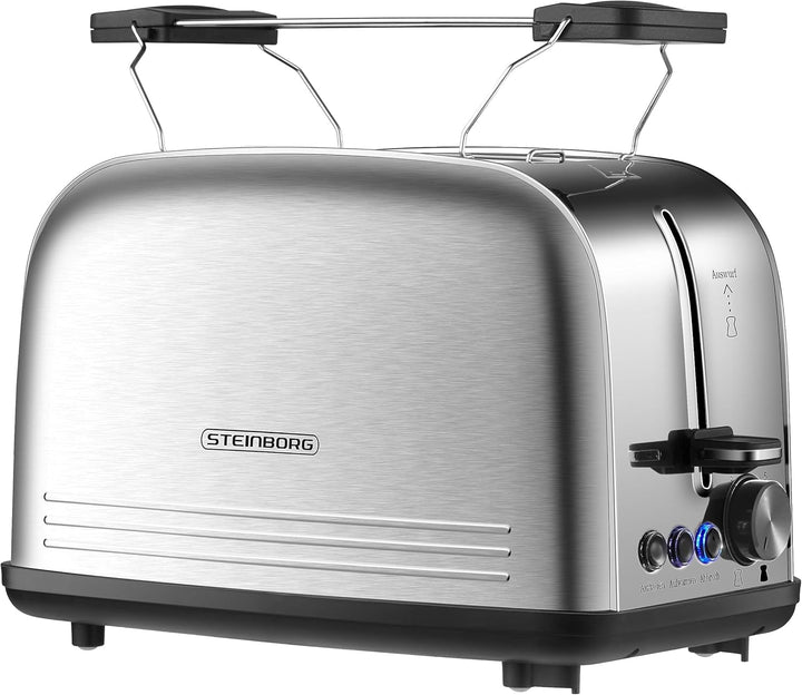 Edelstahl Toaster mit Brötchenaufsatz | Toaster 2 Scheiben | Doppelschlitz Toaster | 7 Stufen | 4 Fu