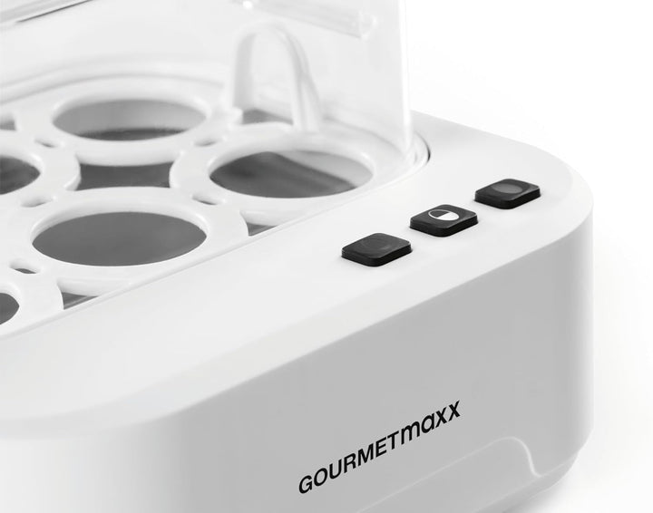 GOURMETmaxx Sprechender Eierkocher für 6 Eier | Design Egg Cooker mit Eierstecher, Messbecher & Spra