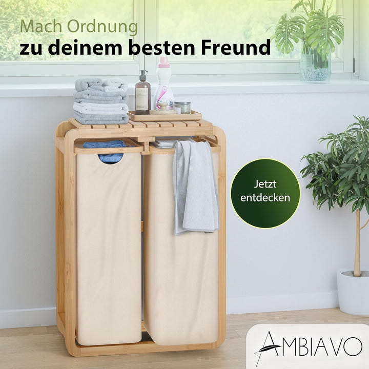 Wäschekorb 2 Fächer beige, schmal & 100 L Bambus · Wäschesammler mit Ablage · 50 L pro Fach · heraus