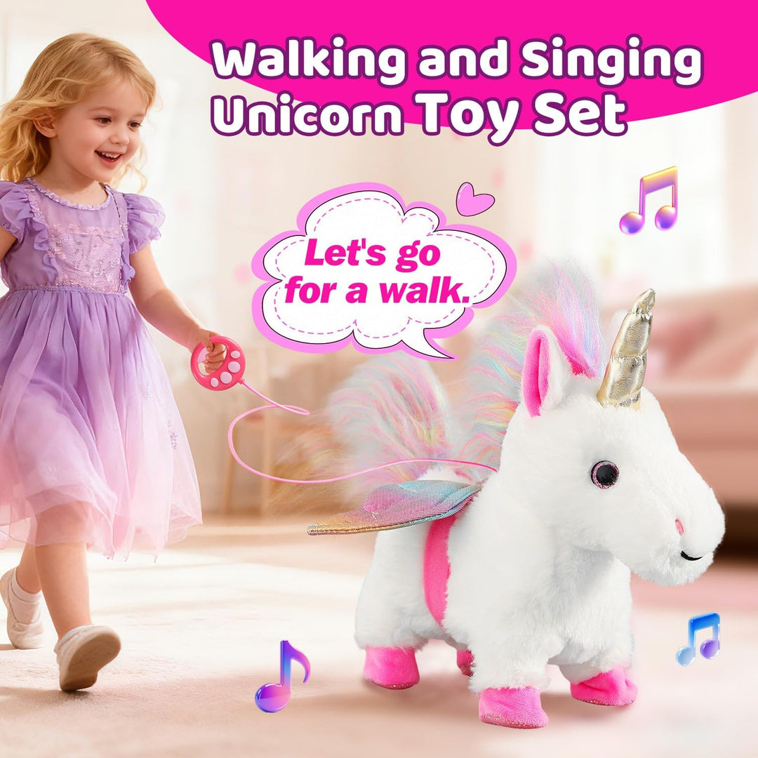 Marsjoy Weisses laufendes Einhorn-Spielzeugset, singendes, tanzendes elektronisches Plüsch-Einhorn m