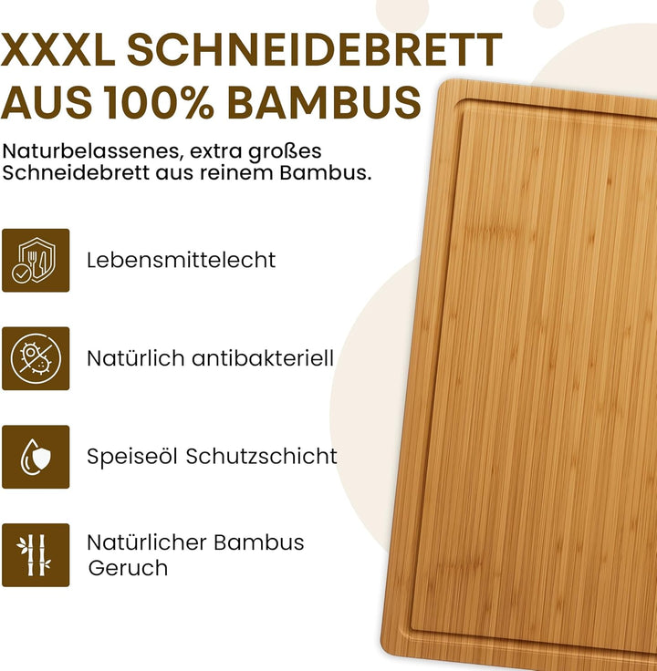Bambus Schneidebrett aus 100% Bio-Bambus 58 x 38 x 3 cm grosses XL Brett – FSC® Zertifiziertes Antib