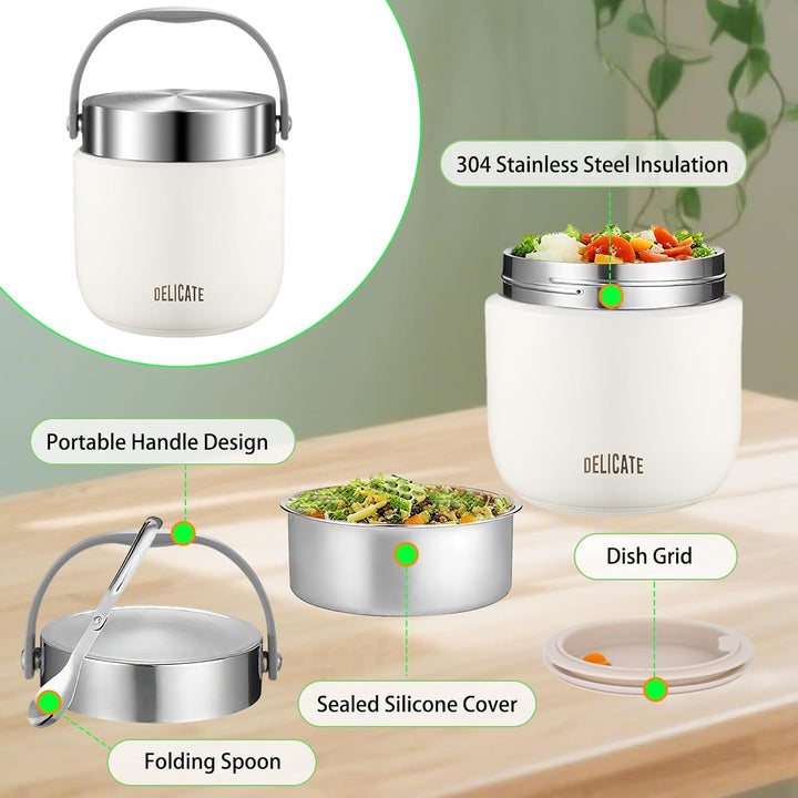 Thermobehälter für Essen 1200ml Edelstahl Warmhaltebehälter mit Faltbaren Löffel Thermobecher Essen