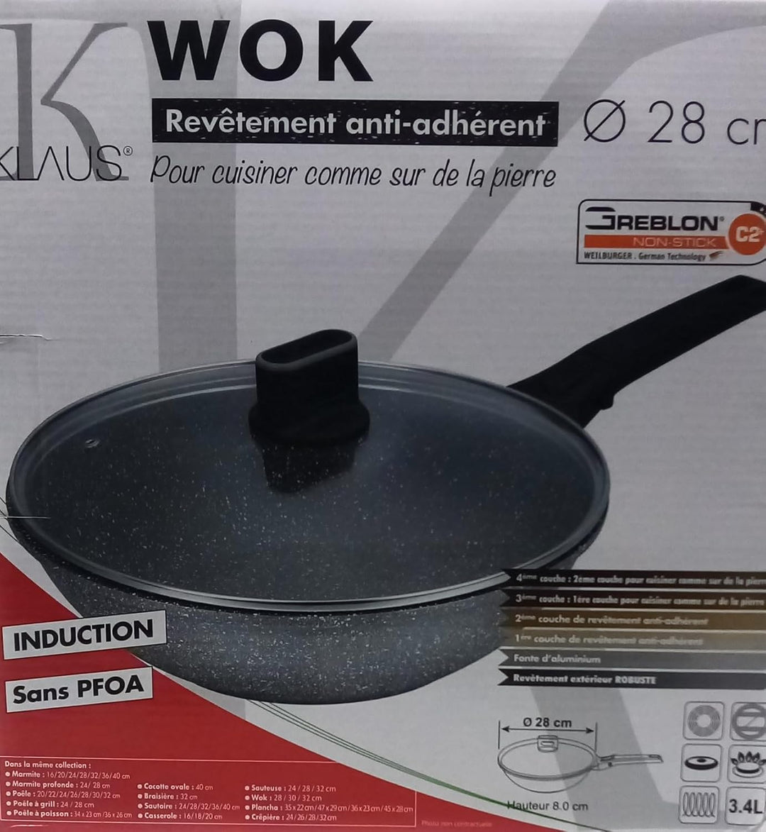 Wok-Pfannen in Steinoptik mit Deckel, hochwertig, antihaftbeschichtet, für alle Herdarten geeignet,