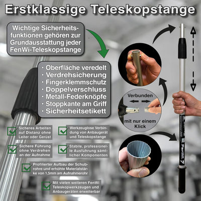 FenWi 1,25m Profi Komplett Set zur Glasreinigung mit 25/30cm Kombi Fensterabzieher Mikrofaser Einwas