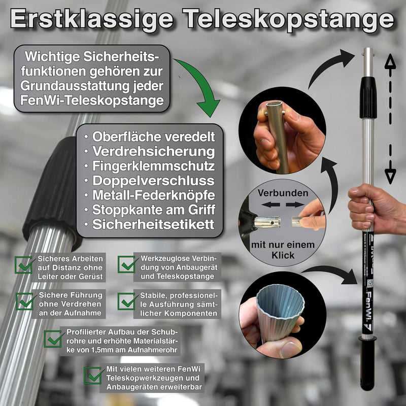 FenWi 1,25m Profi Komplett Set zur Glasreinigung mit 25/30cm Kombi Fensterabzieher Mikrofaser Einwas