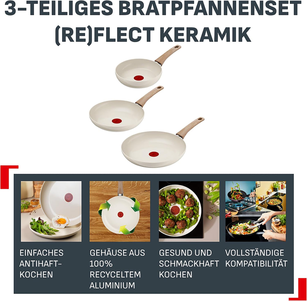Tefal Reflect On 3-tlg. Pfannen-Set, 20/24/28 cm, keramische Antihaftbeschichtung, recycelter Alumin