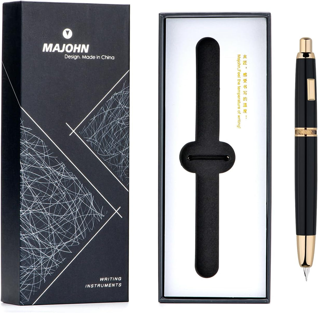 Majohn A1 Press Füllfederhalter Feine Feder mit Konverter, einziehbares Schreibset schwarz golden (k