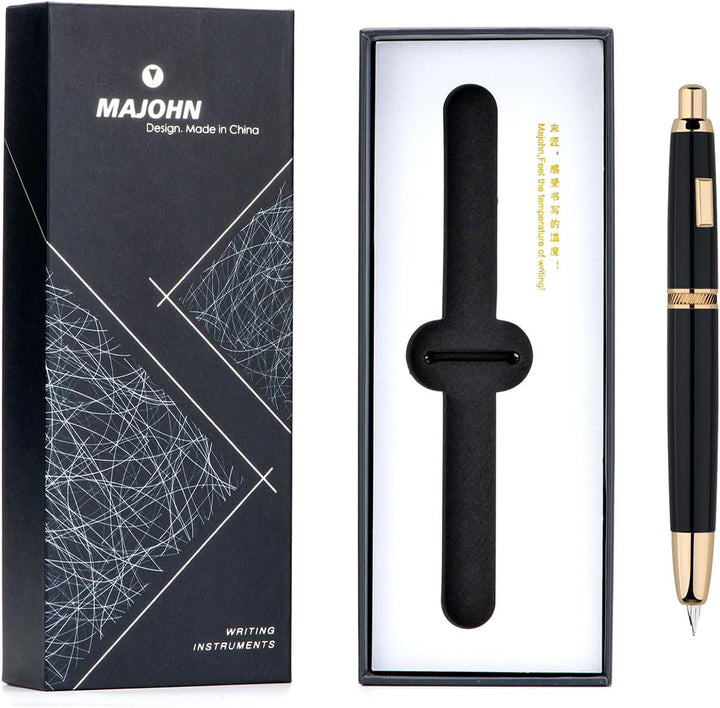 Majohn A1 Press Füllfederhalter Feine Feder mit Konverter, einziehbares Schreibset schwarz golden (k