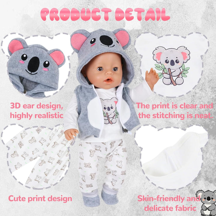 4 Stück Puppenkleidung für 14-18 Zoll Puppen, Tier Koala Kleidung Outfits 43cm mit Kapuzenweste Klei
