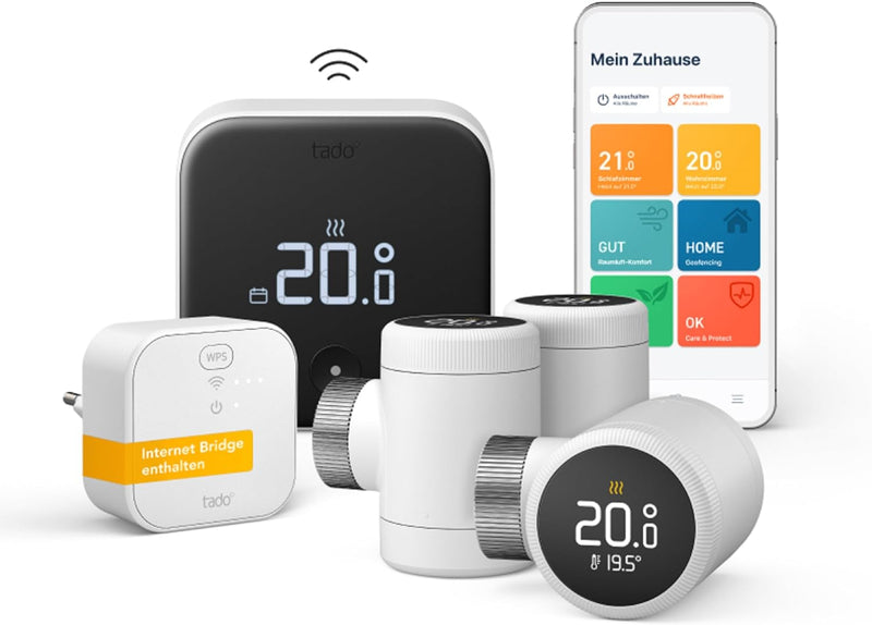 tado° Smartes Heizkörperthermostat X – Starter Kit mit Bridge X, Trio Pack & Funk-Temperatursensor,