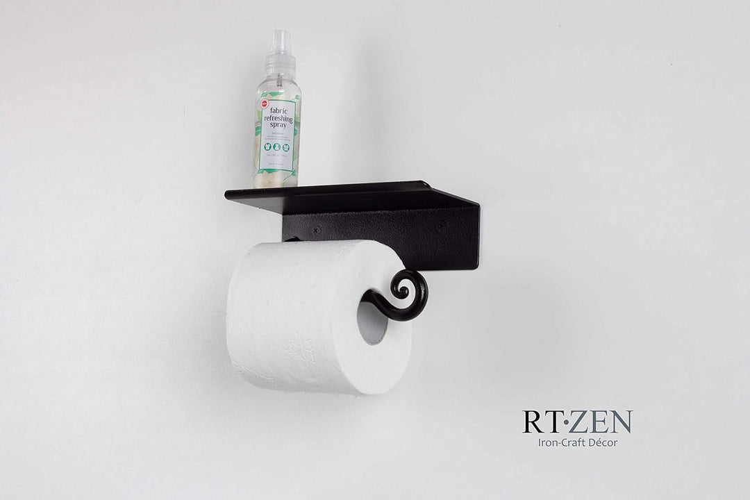 RTZEN Toilettenpapierhalter aus Schmiedeeisen mit Ablage | Schwarz verrottetes Metall TP-Rollenaufhä