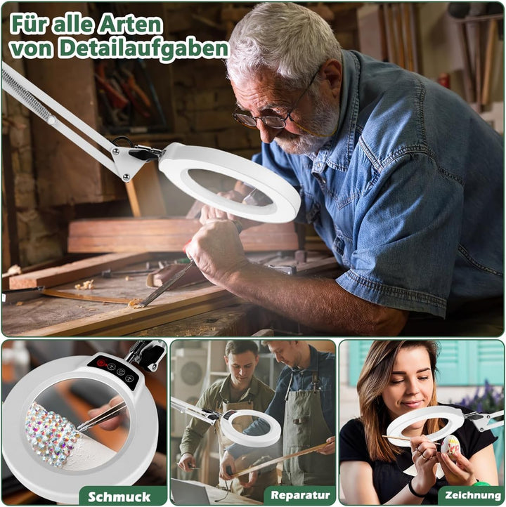 10X Lupe mit Licht und Ständer, Echter Glaslinse 2-in-1 Lupenlampe und Klemme, LED Beleuchtete Lupe