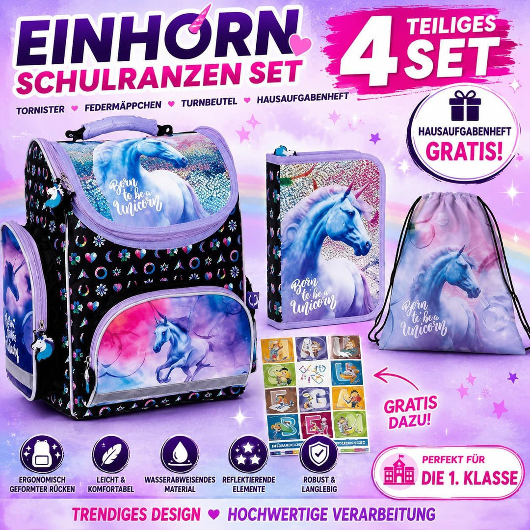 Goldkids - Schulranzen für Jungen und Mädchen, 4er-Set - Schul-Rucksack für Kinder mit Schuhbeutel F